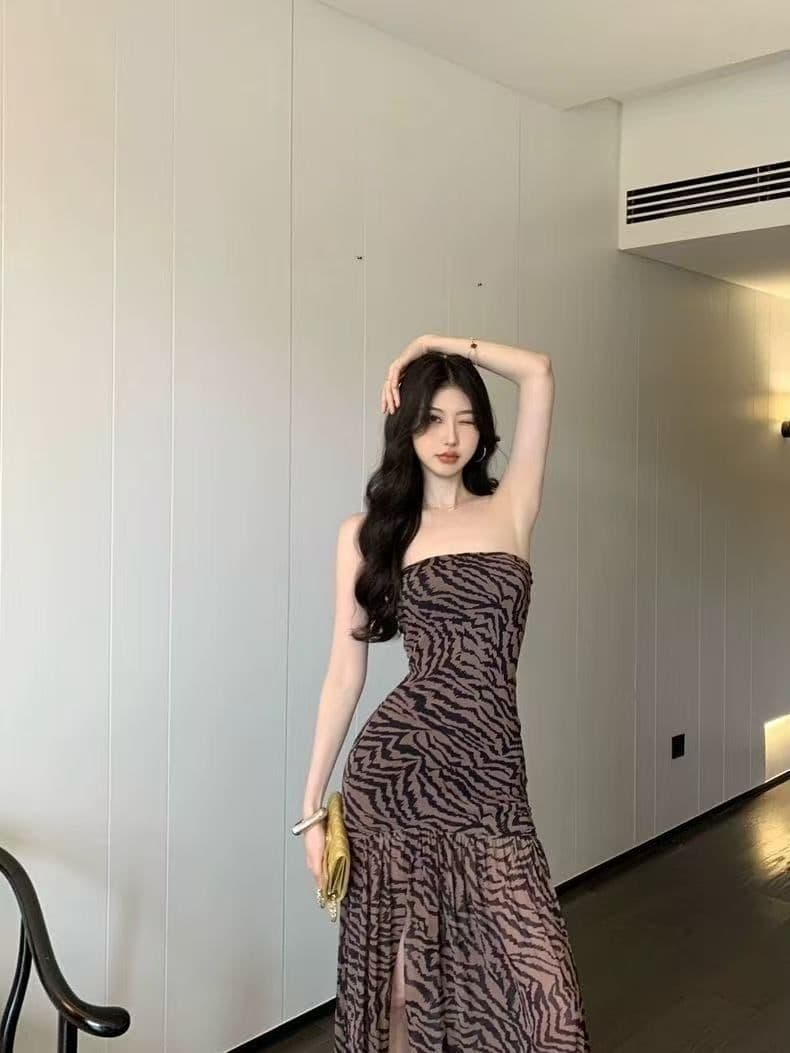 유럽과 미국 섹시함 핫걸 튜브탑 레오파드 무늬 여름 프린트 패치워크 트임 허리 수축 타이트 패키지 팔 치마 상세 이미지 16