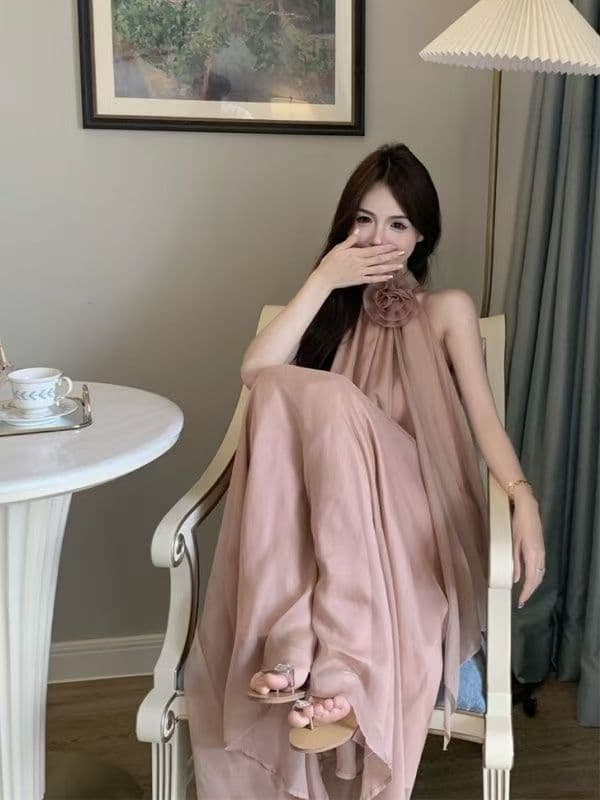 디자인 센스 루즈핏 꽃 행침 목 민소매 드레스 요정 여름 부드러운 바람 프랑스식 오프숄더 치마 롱 스커트 트렌디 상세 이미지 3