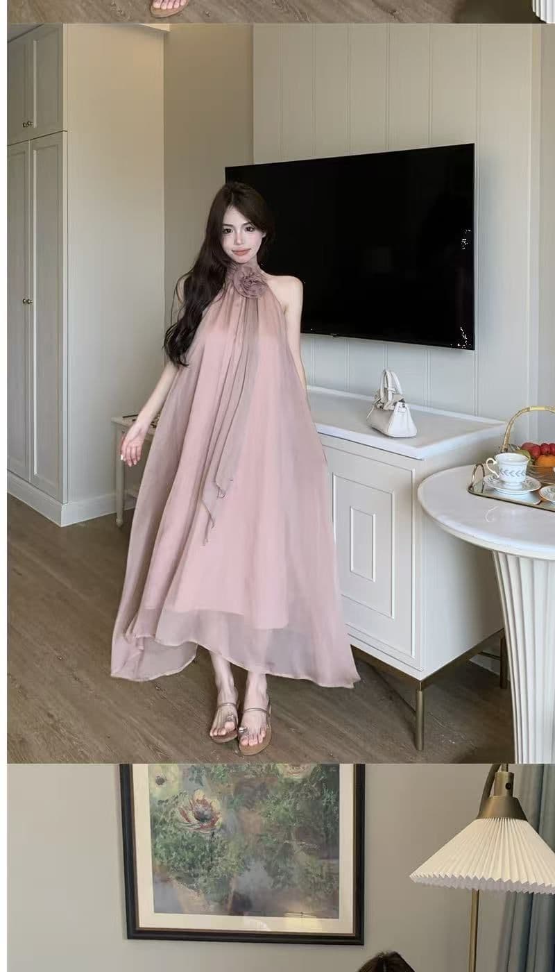 디자인 센스 루즈핏 꽃 행침 목 민소매 드레스 요정 여름 부드러운 바람 프랑스식 오프숄더 치마 롱 스커트 트렌디 상세 이미지 9