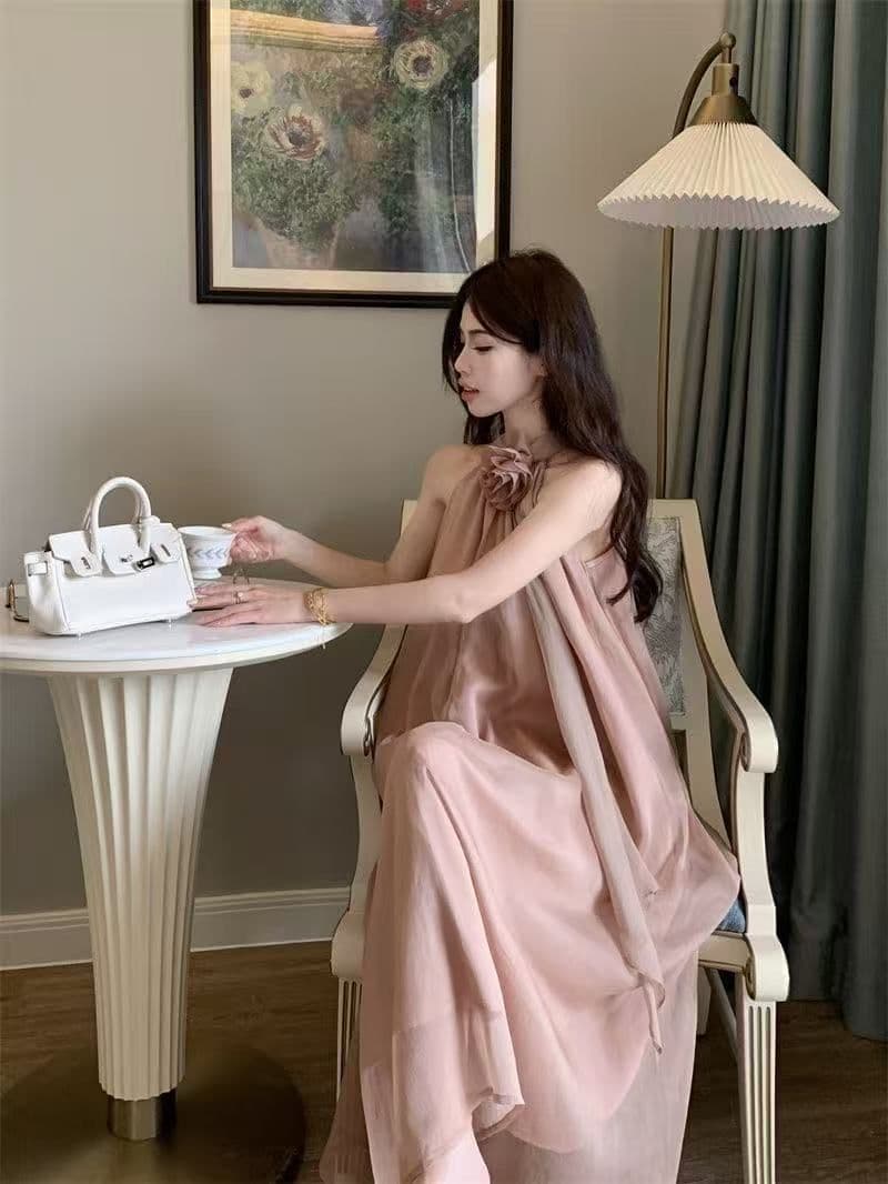 디자인 센스 루즈핏 꽃 행침 목 민소매 드레스 요정 여름 부드러운 바람 프랑스식 오프숄더 치마 롱 스커트 트렌디 상세 이미지 17