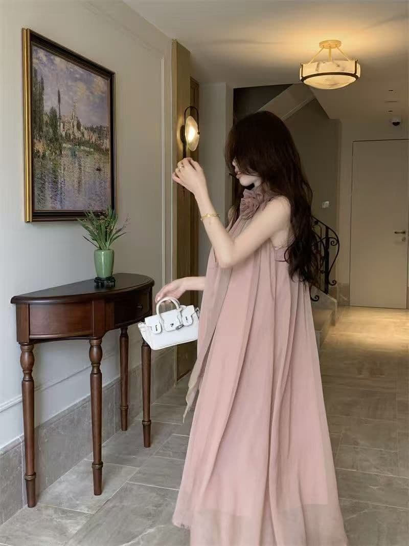 디자인 센스 루즈핏 꽃 행침 목 민소매 드레스 요정 여름 부드러운 바람 프랑스식 오프숄더 치마 롱 스커트 트렌디 상세 이미지 23