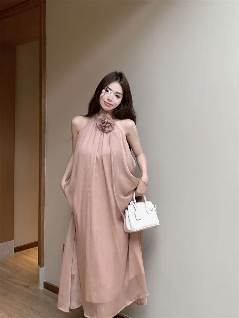 디자인 센스 루즈핏 꽃 행침 목 민소매 드레스 요정 여름 부드러운 바람 프랑스식 오프숄더 치마 롱 스커트 트렌디 상세 이미지 24