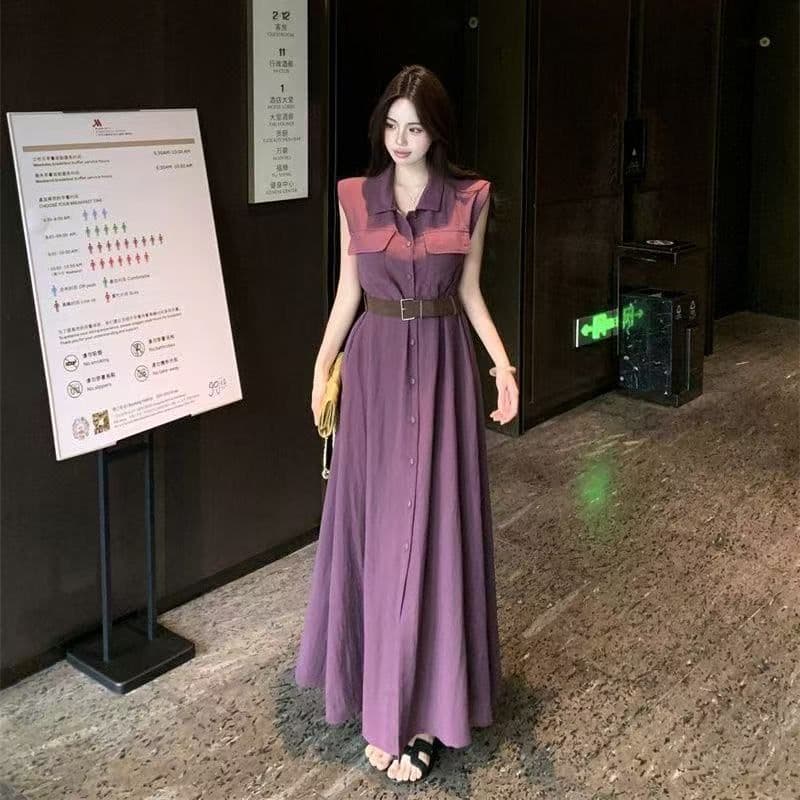 여름 새로운 품격 패션 셔츠 폴로 칼라 고급 민소매 드레스 슬림해 보이는 허리 수축 패션 스커트 아이들 이미지 5