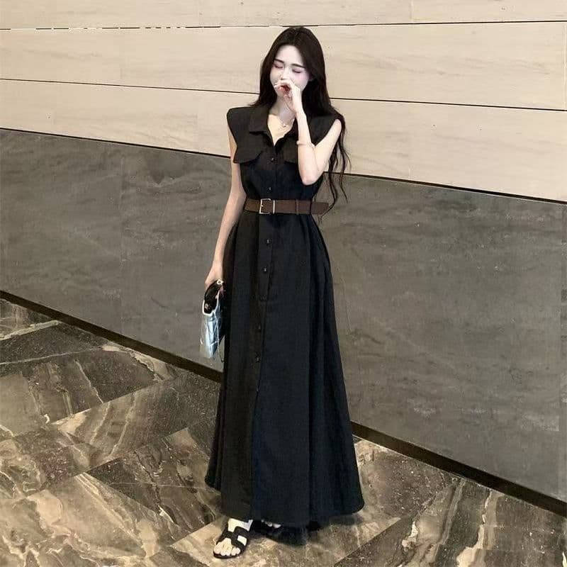 여름 새로운 품격 패션 셔츠 폴로 칼라 고급 민소매 드레스 슬림해 보이는 허리 수축 패션 스커트 아이들 이미지 4