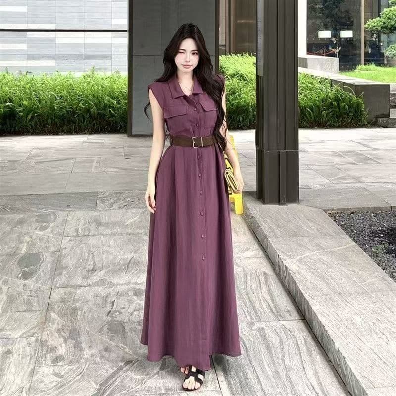 여름 새로운 품격 패션 셔츠 폴로 칼라 고급 민소매 드레스 슬림해 보이는 허리 수축 패션 스커트 아이들 상세 이미지 1