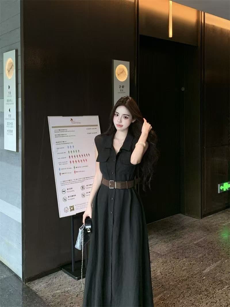 여름 새로운 품격 패션 셔츠 폴로 칼라 고급 민소매 드레스 슬림해 보이는 허리 수축 패션 스커트 아이들 상세 이미지 13