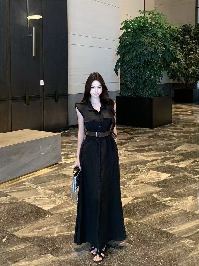 여름 새로운 품격 패션 셔츠 폴로 칼라 고급 민소매 드레스 슬림해 보이는 허리 수축 패션 스커트 아이들 상세 이미지 14