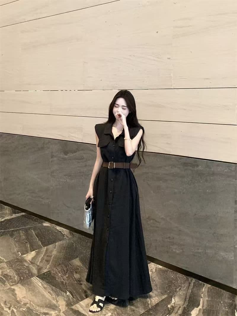 여름 새로운 품격 패션 셔츠 폴로 칼라 고급 민소매 드레스 슬림해 보이는 허리 수축 패션 스커트 아이들 상세 이미지 16