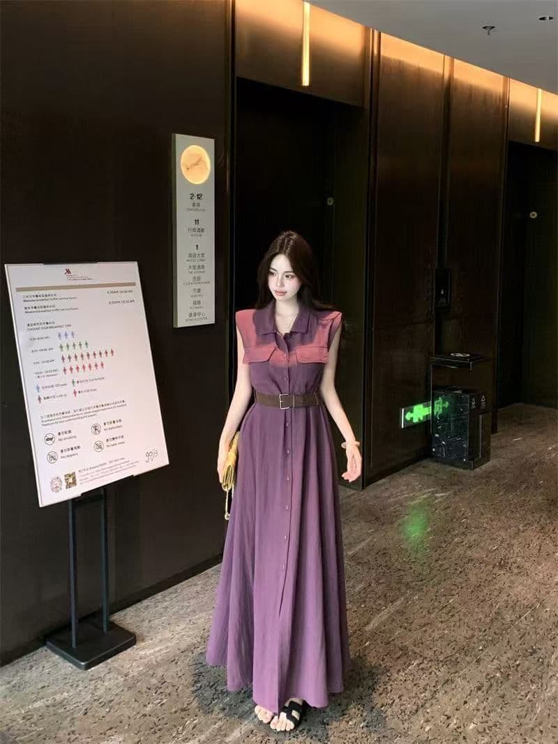 여름 새로운 품격 패션 셔츠 폴로 칼라 고급 민소매 드레스 슬림해 보이는 허리 수축 패션 스커트 아이들 상세 이미지 19