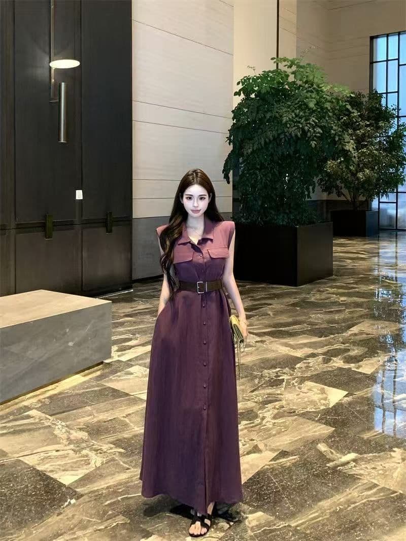 여름 새로운 품격 패션 셔츠 폴로 칼라 고급 민소매 드레스 슬림해 보이는 허리 수축 패션 스커트 아이들 상세 이미지 20