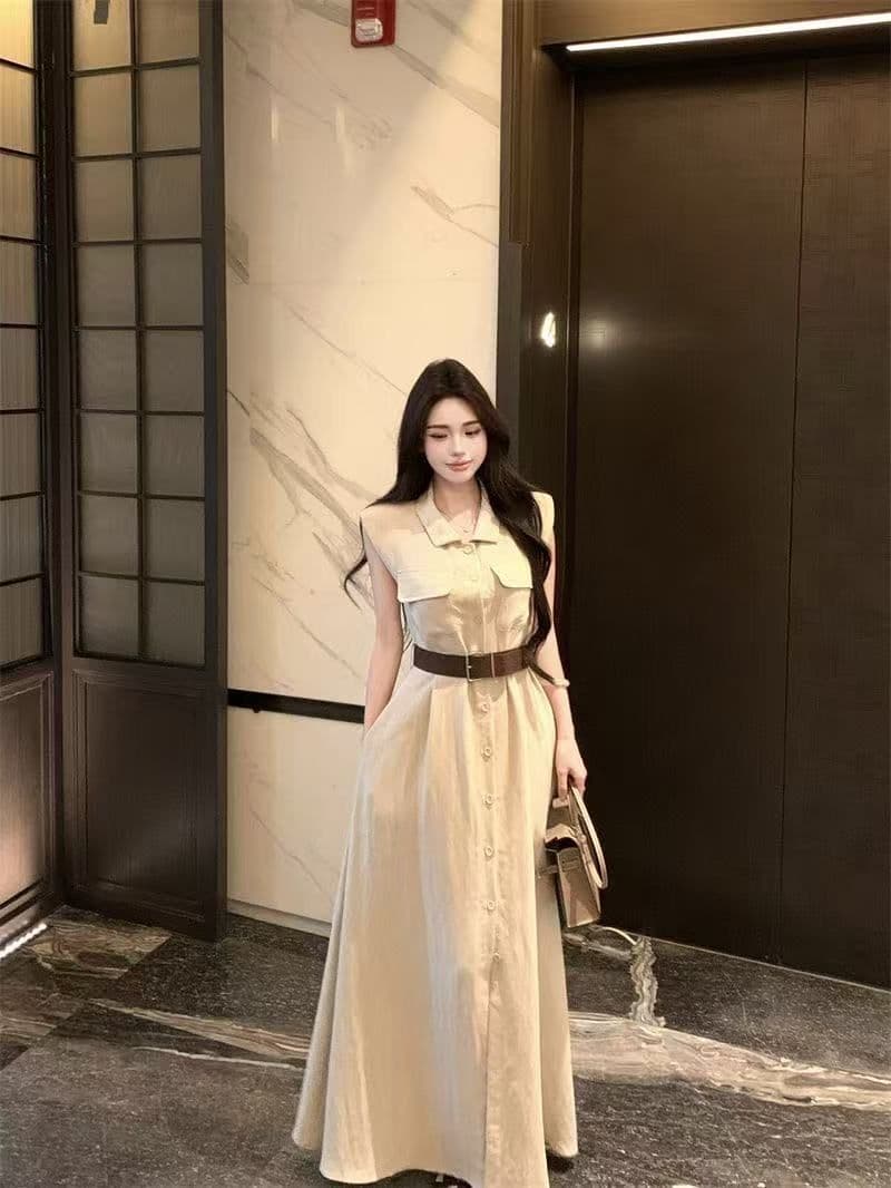 여름 새로운 품격 패션 셔츠 폴로 칼라 고급 민소매 드레스 슬림해 보이는 허리 수축 패션 스커트 아이들 상세 이미지 29