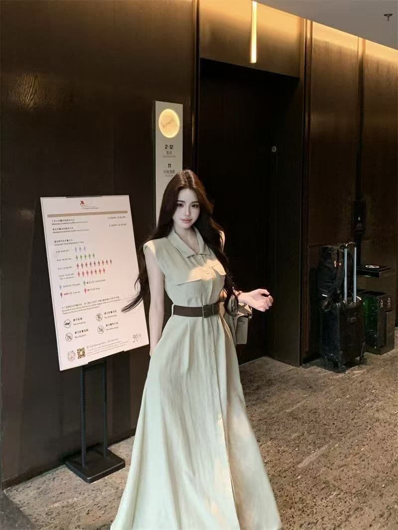 여름 새로운 품격 패션 셔츠 폴로 칼라 고급 민소매 드레스 슬림해 보이는 허리 수축 패션 스커트 아이들 상세 이미지 30