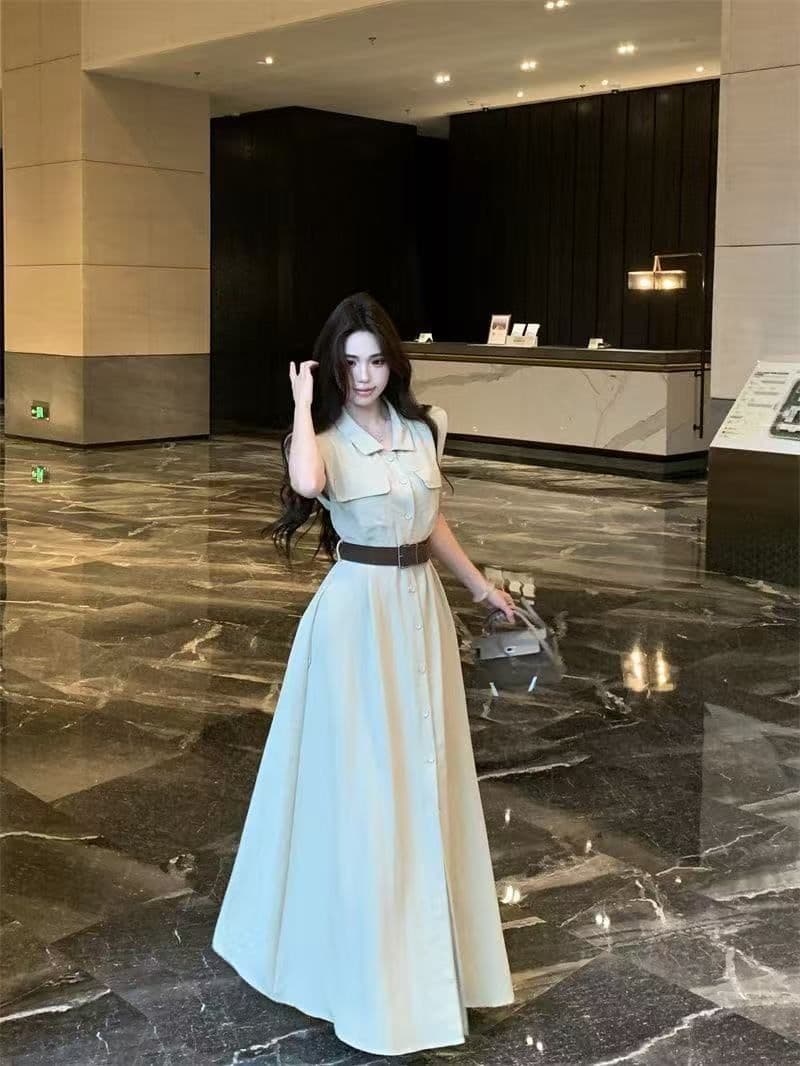 여름 새로운 품격 패션 셔츠 폴로 칼라 고급 민소매 드레스 슬림해 보이는 허리 수축 패션 스커트 아이들 상세 이미지 31