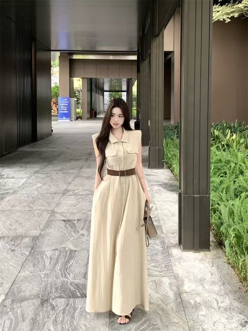 여름 새로운 품격 패션 셔츠 폴로 칼라 고급 민소매 드레스 슬림해 보이는 허리 수축 패션 스커트 아이들 상세 이미지 33
