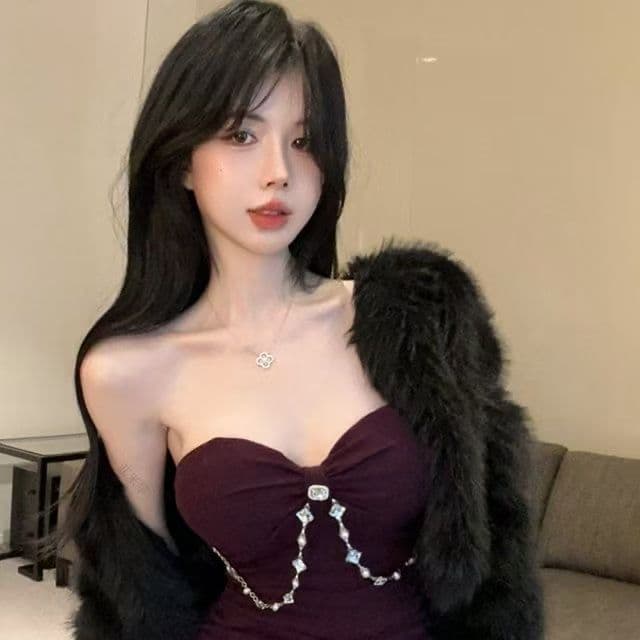 프랑스식 디자인 비즈 박기 체인 몸매 가꾸기 여성 드레스 벨트 가슴 패드 순수한 욕망 핫걸 오프숄더 튜브탑 타이트 스커트 치마 상세 이미지 21