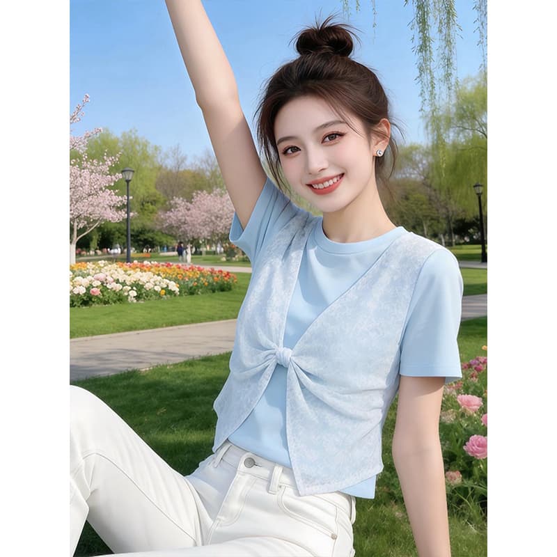 나비 매듭 디자인 패치워크 페이크 레이어드 반팔 티셔츠 여성 여름 고유 한 맨위 상세 이미지 3