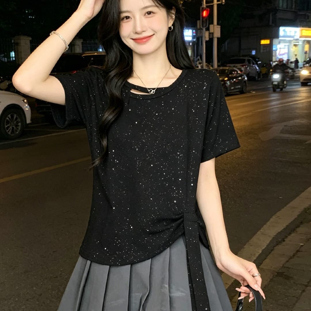 아름다운 반팔 티셔츠 여성 여름 새로운 불규칙 맨위 이미지 5
