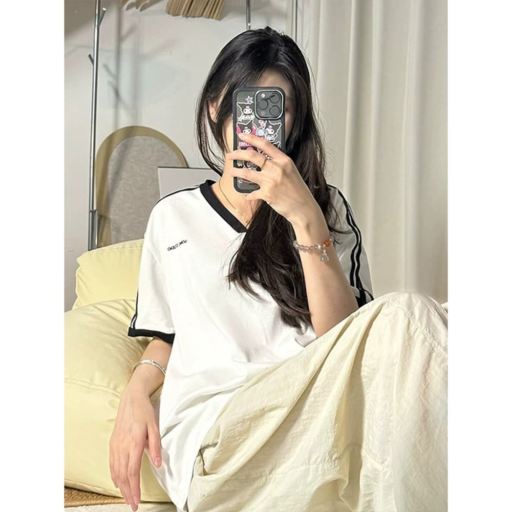 여름 빅 브이 넥 자수 반팔 루즈핏 티셔츠 특별 맨위 이미지 2