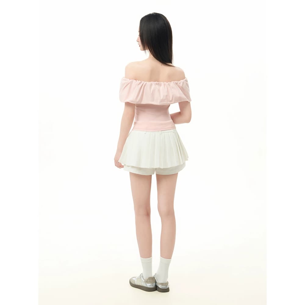 프릴 오프숄더 오프숄더 반팔 티셔츠 프랑스식 맨위 이미지 3
