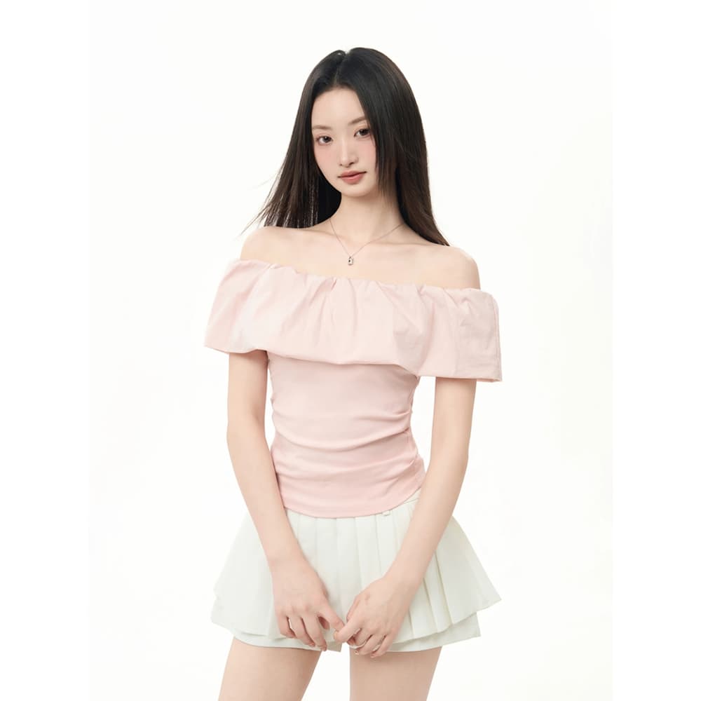 프릴 오프숄더 오프숄더 반팔 티셔츠 프랑스식 맨위 이미지 4