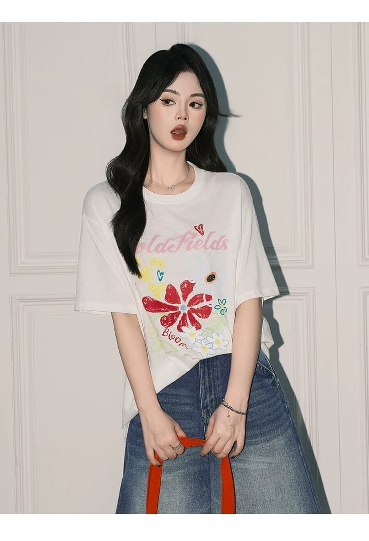 꽃 프린트 라운드 넥 티셔츠 여성 레저 반팔 맨위 상세 이미지 11