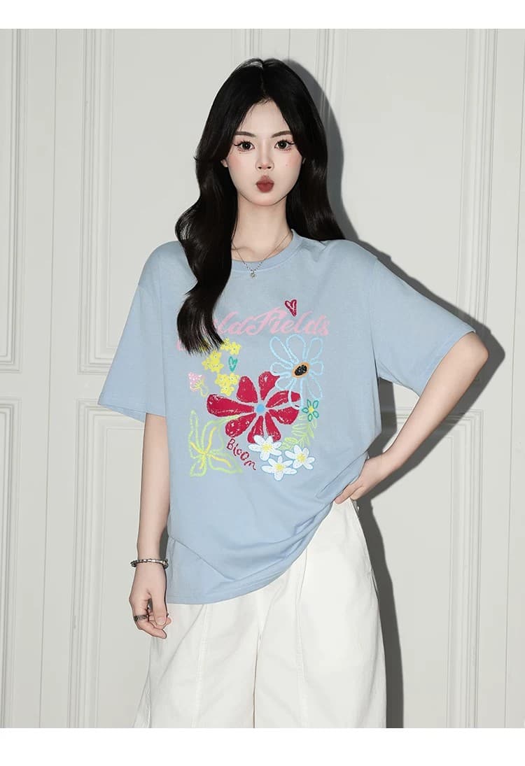 꽃 프린트 라운드 넥 티셔츠 여성 레저 반팔 맨위 상세 이미지 17