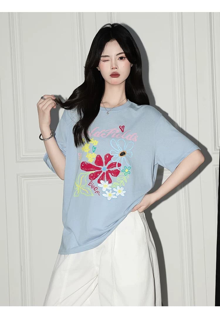 꽃 프린트 라운드 넥 티셔츠 여성 레저 반팔 맨위 상세 이미지 18