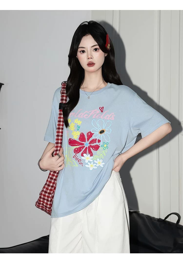 꽃 프린트 라운드 넥 티셔츠 여성 레저 반팔 맨위 상세 이미지 19