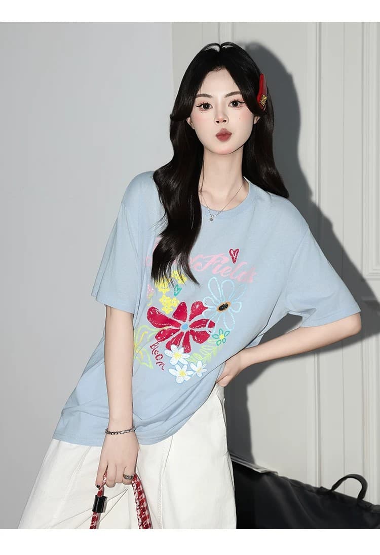 꽃 프린트 라운드 넥 티셔츠 여성 레저 반팔 맨위 상세 이미지 20