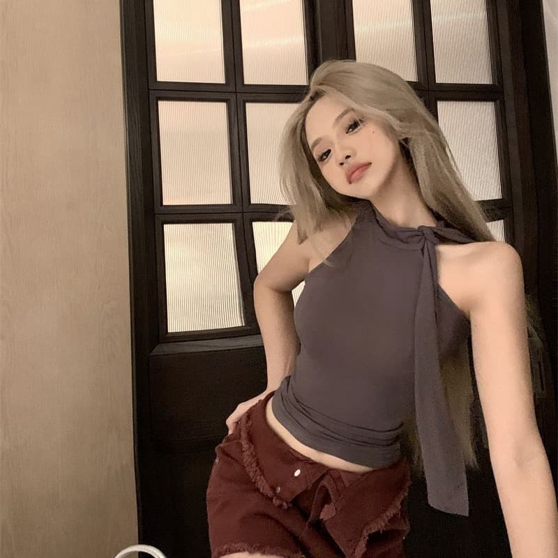 순수한 욕망 바람 민소매 터틀넥 행침 목 조끼 여성 여름 리본 외출용 부드러운 품격 몸매 가꾸기 인사이드 가져 가라. 파란색 맨위 이미지 5
