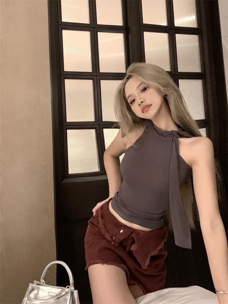 순수한 욕망 바람 민소매 터틀넥 행침 목 조끼 여성 여름 리본 외출용 부드러운 품격 몸매 가꾸기 인사이드 가져 가라. 파란색 맨위 상세 이미지 3
