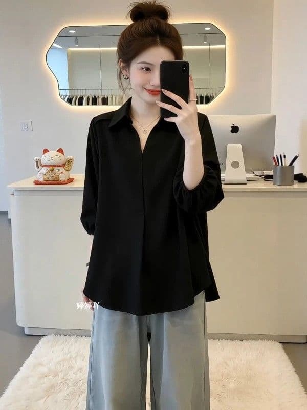 빅 사이즈 여름 검정색 폴로 칼라 7부 소매 여성 셔츠 2026 새로운 지방 mm 슬림해 보이는 루즈핏 패션 외국 가스 맨위