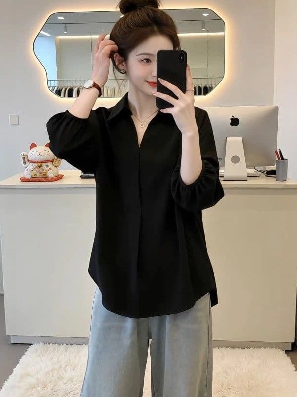 빅 사이즈 여름 검정색 폴로 칼라 7부 소매 여성 셔츠 2026 새로운 지방 mm 슬림해 보이는 루즈핏 패션 외국 가스 맨위 이미지 3