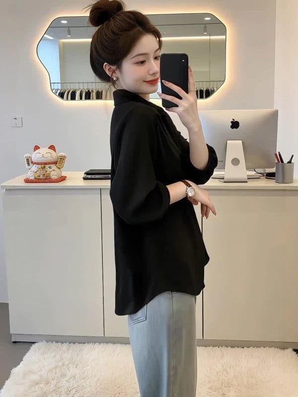 빅 사이즈 여름 검정색 폴로 칼라 7부 소매 여성 셔츠 2026 새로운 지방 mm 슬림해 보이는 루즈핏 패션 외국 가스 맨위 이미지 4