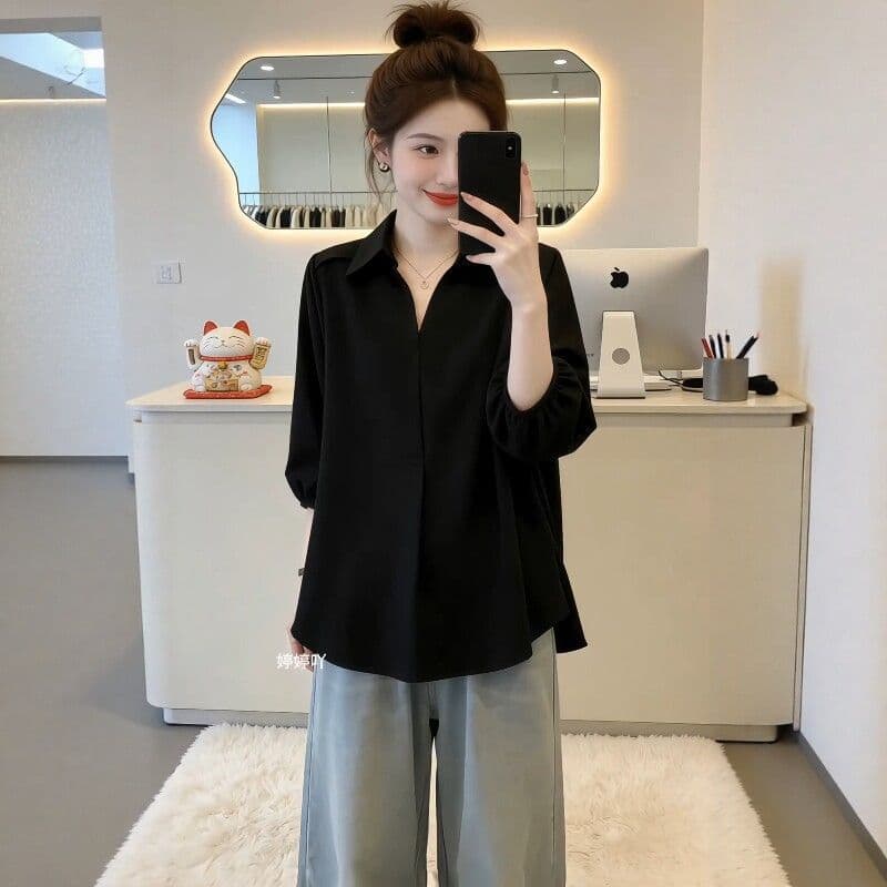 빅 사이즈 여름 검정색 폴로 칼라 7부 소매 여성 셔츠 2026 새로운 지방 mm 슬림해 보이는 루즈핏 패션 외국 가스 맨위 상세 이미지 1