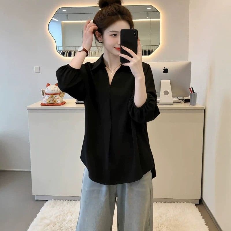 빅 사이즈 여름 검정색 폴로 칼라 7부 소매 여성 셔츠 2026 새로운 지방 mm 슬림해 보이는 루즈핏 패션 외국 가스 맨위 상세 이미지 3