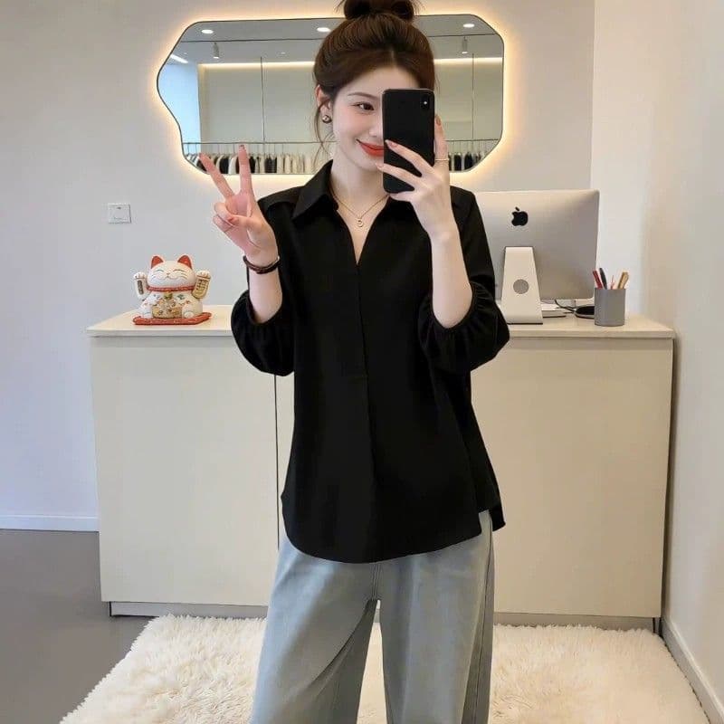 빅 사이즈 여름 검정색 폴로 칼라 7부 소매 여성 셔츠 2026 새로운 지방 mm 슬림해 보이는 루즈핏 패션 외국 가스 맨위 상세 이미지 5