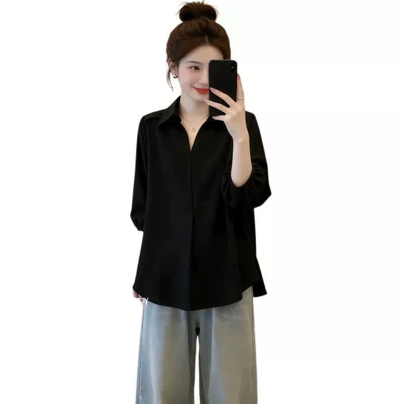 빅 사이즈 여름 검정색 폴로 칼라 7부 소매 여성 셔츠 2026 새로운 지방 mm 슬림해 보이는 루즈핏 패션 외국 가스 맨위 상세 이미지 6