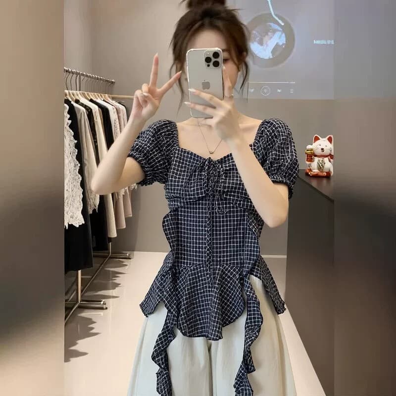 프랑스식 레트로 리본 체크무늬 여성 셔츠 여름 통통한 여동생 슬림해 보이는 거품 소매 광장 칼라 맨위 상세 이미지 10