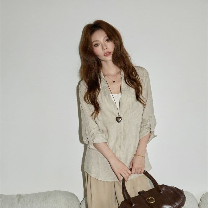 얇은 스타일 POLO 칼라 품격 긴팔 여성 셔츠 봄 Chic 카디건 코트 캐주얼 루즈핏 셔츠 자외선 차단 맨위 이미지 2