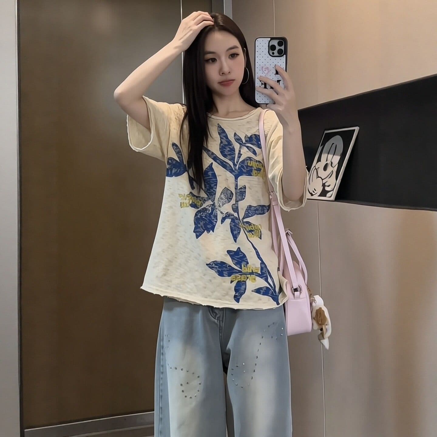 아메리칸 레트로 반팔 티셔츠 여성 2026 여름 참기름 리프 프린트 반소매 tee 루즈핏 느긋한 바람 얇은 스타일 맨위 상세 이미지 6