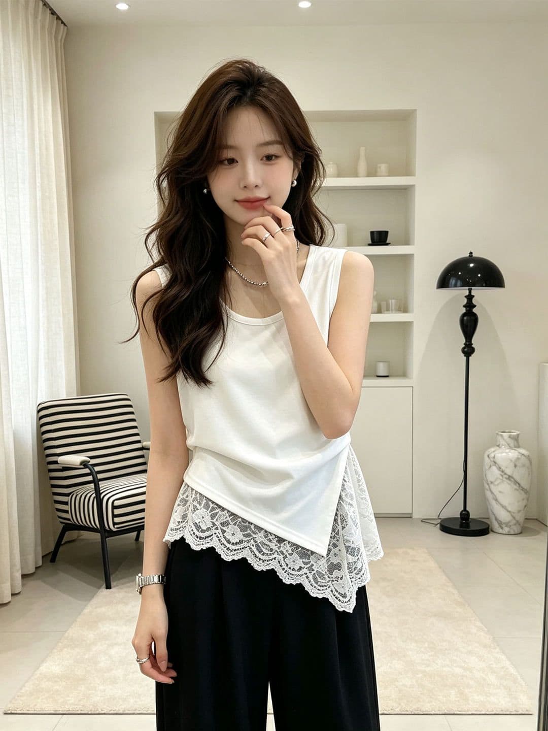 화이트 티셔츠 여성 조끼 여름 불규칙 밑단 레이스 조각 트렌드 몸매 가꾸기 맨위 이미지 3