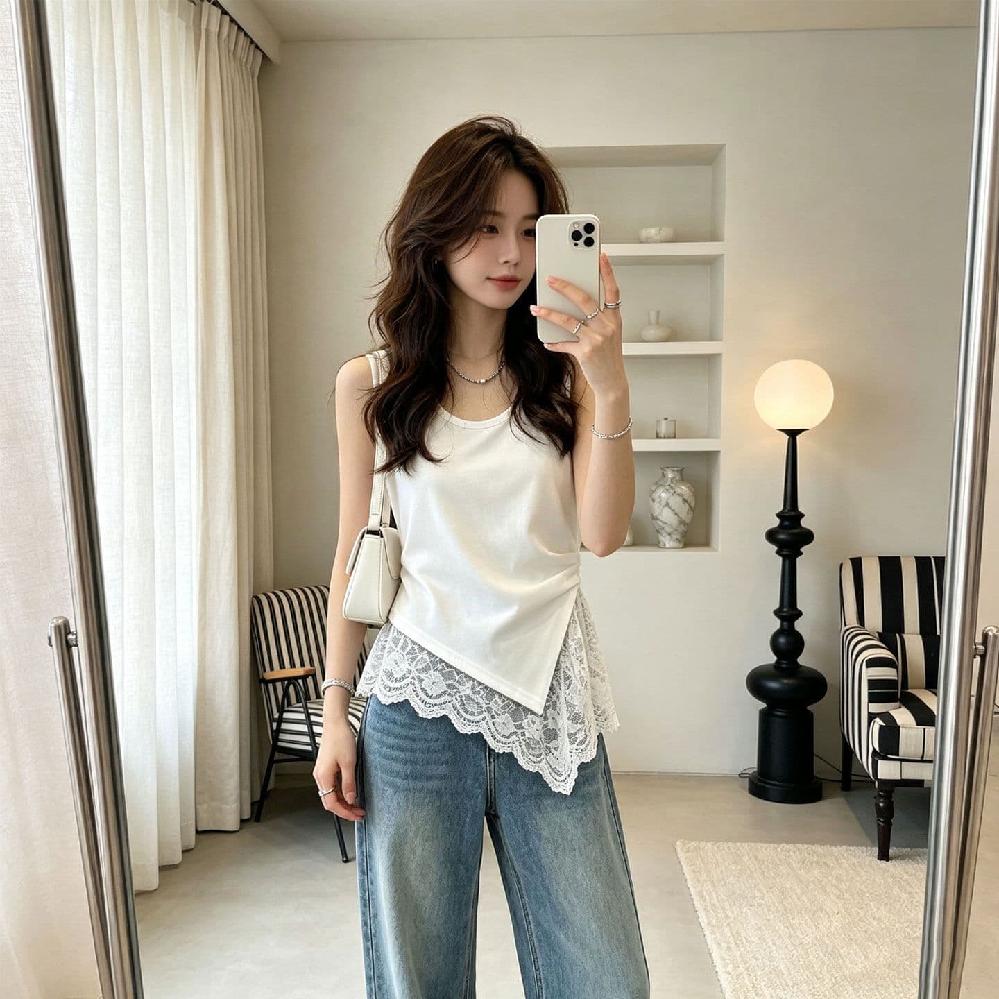 화이트 티셔츠 여성 조끼 여름 불규칙 밑단 레이스 조각 트렌드 몸매 가꾸기 맨위 상세 이미지 2