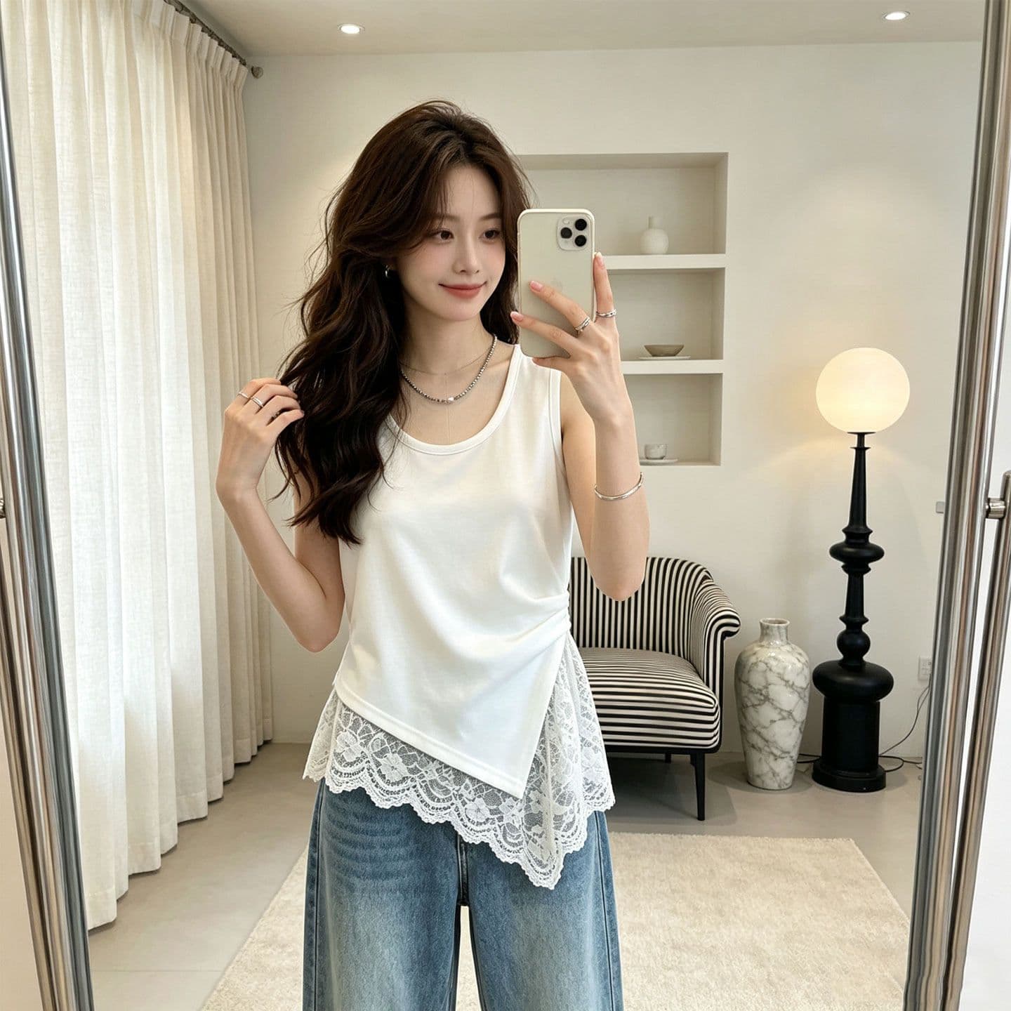 화이트 티셔츠 여성 조끼 여름 불규칙 밑단 레이스 조각 트렌드 몸매 가꾸기 맨위 상세 이미지 5