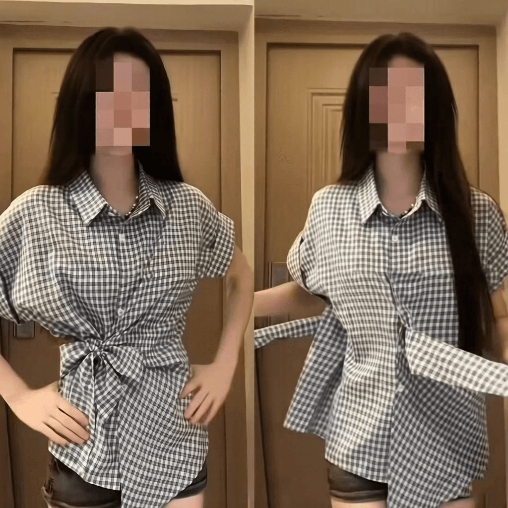 체크무늬 나비 매듭 스트랩 POLO 칼라 반팔 여성 셔츠 여름 작은 키 몸매 가꾸기 고급 캐주얼 맨위