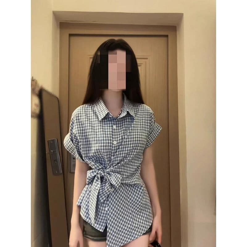체크무늬 나비 매듭 스트랩 POLO 칼라 반팔 여성 셔츠 여름 작은 키 몸매 가꾸기 고급 캐주얼 맨위 이미지 2