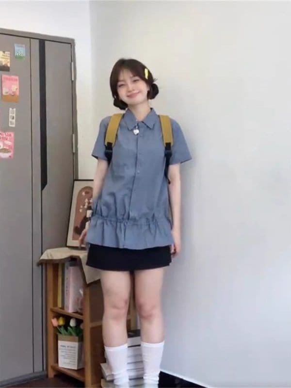 원본 체크무늬 원단 디자인 펌프 로프 밑단 허리 수축 맨위 블루 체크무늬 빅 사이즈 슬림해 보이는 레이스 셔츠 상세 이미지 10