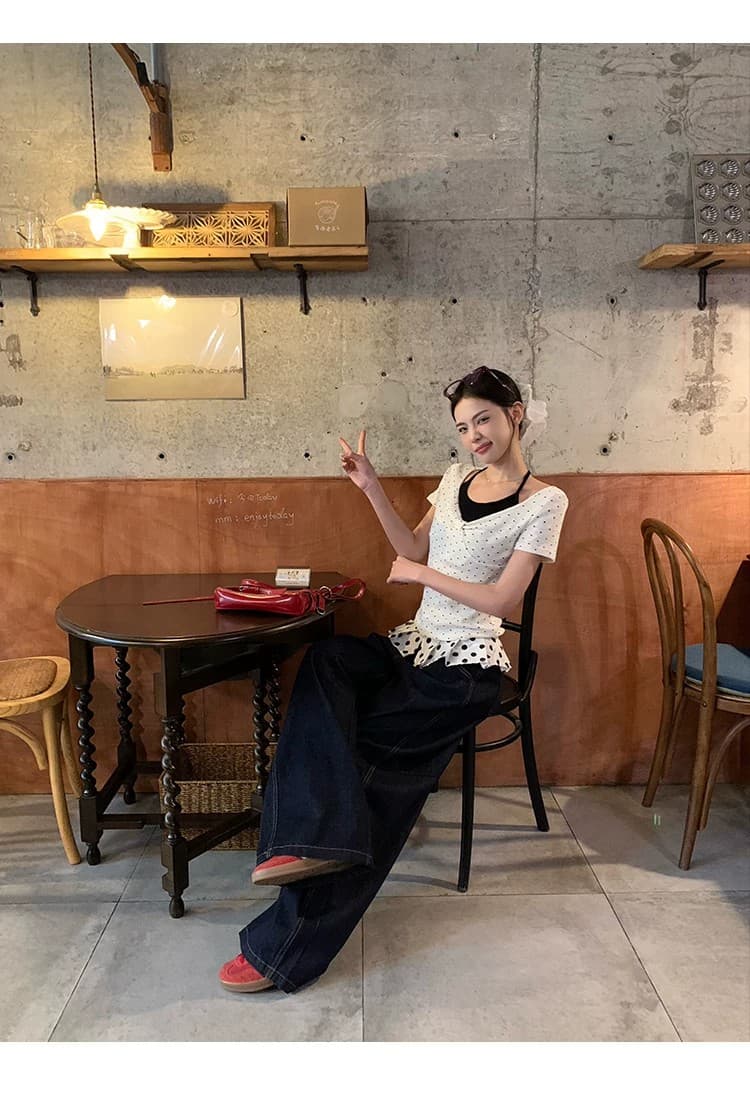 사람들 면 화이트 도트 무늬 페이크 레이어드 행침 목 긍정적 인 어깨 반팔 티셔츠 여성 여름 몸매 가꾸기 한 첨부 된 의류 상세 이미지 7