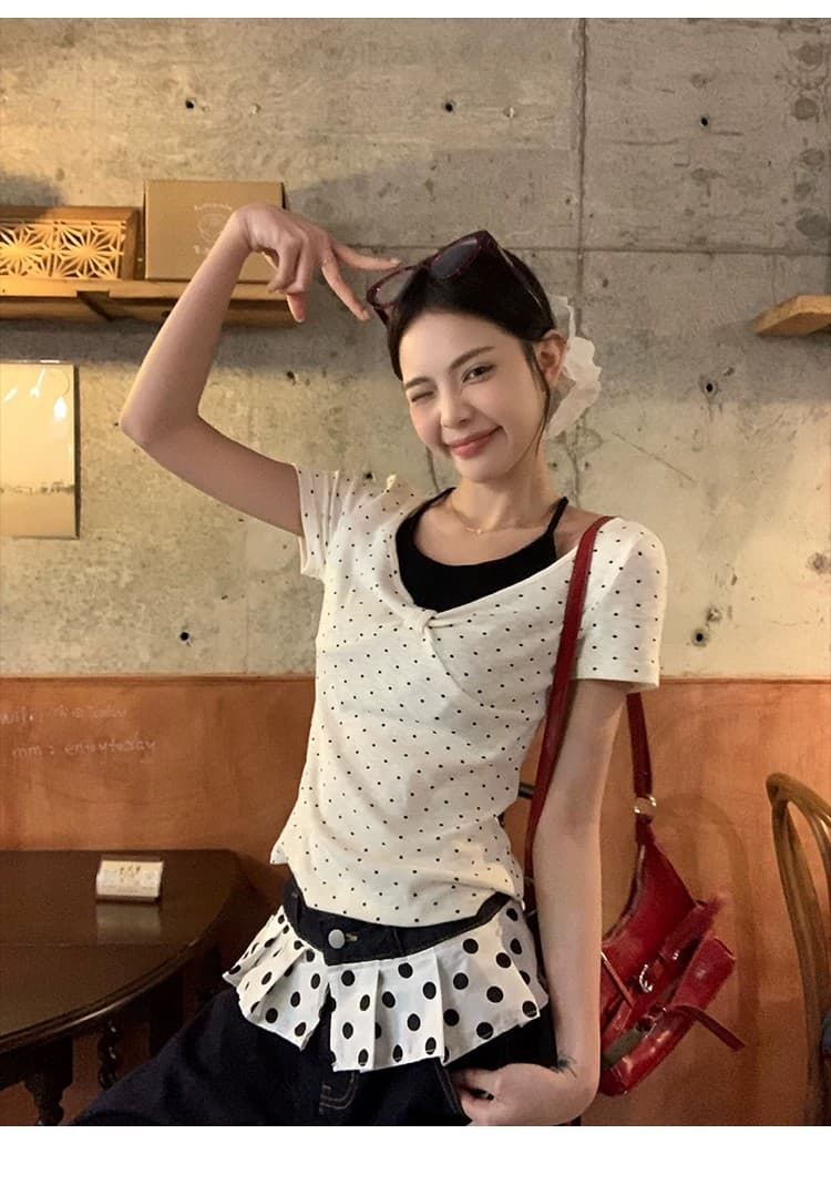 사람들 면 화이트 도트 무늬 페이크 레이어드 행침 목 긍정적 인 어깨 반팔 티셔츠 여성 여름 몸매 가꾸기 한 첨부 된 의류 상세 이미지 13