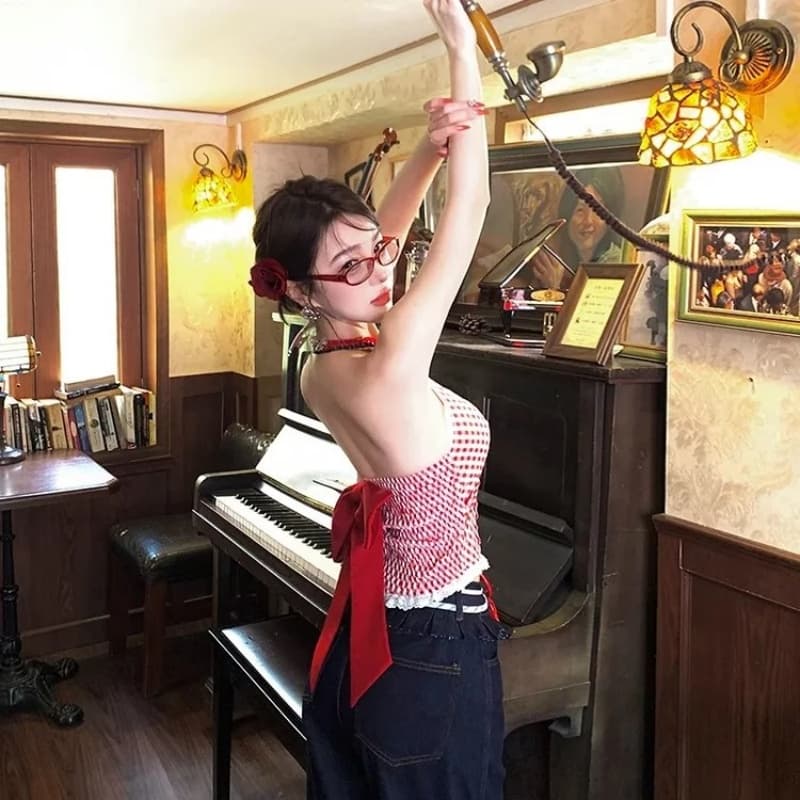 빨간색 체크무늬 조끼 슬립 패치워크 레이스 섹시함 행침 목 핫걸 맨위 이미지 2